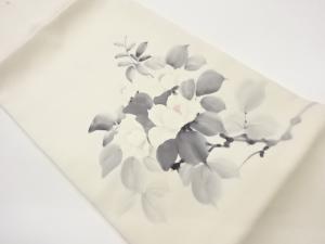 作家物　塩瀬手描き花葉に枝模様開き名古屋帯（額縁仕立て）